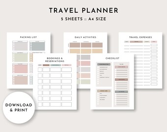 May include: Printable travel planner with five sheets in A4 size. The planner includes sections for packing list, daily activities, bookings and reservations, checklist, and travel expenses.