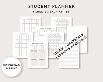 May include: Printable student planner with 8 sheets, including weekly overview and class schedule pages. The planner is available in both colour and grayscale versions. The text "Download & Print" is visible at the bottom left corner of the image.