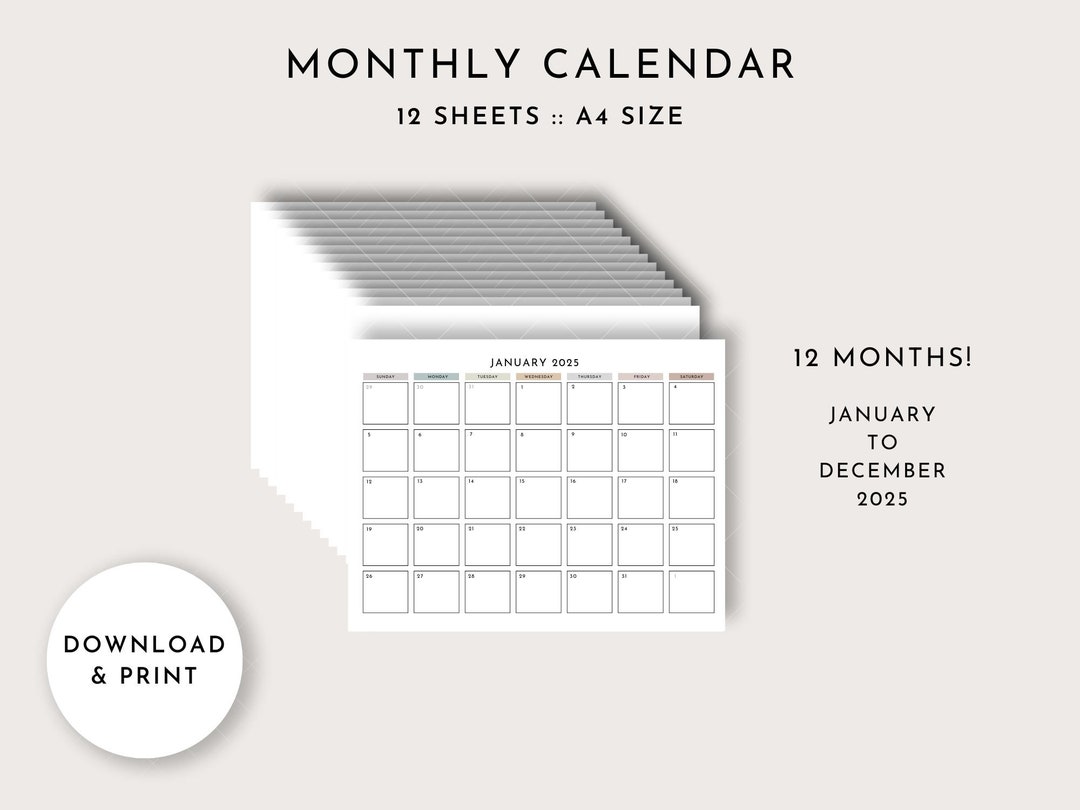 EDITABLE 2025 Monthly Calendar, Dated Digital Monthly Planner, 2025