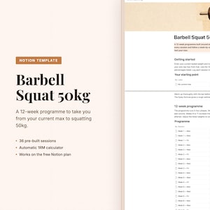 Può includere: Un modello Notion digitale intitolato "Barbell Squat 50kg" con un programma di 12 settimane per aumentare il peso nello squat. Include 36 sessioni preimpostate e un calcolatore 1RM automatico. L'immagine mostra anche un bilanciere con pesi.