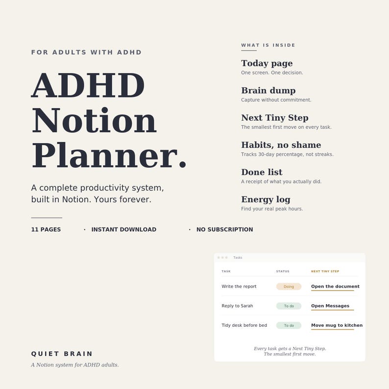 ADHD Notion Planner | Quiet Brain Productivity System (digital Download ...