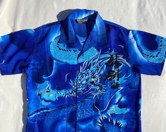 13/14 ans vintage années 90 enfants chemise à manches courtes en bleu avec imprimé dragon oriental idée de costume d'Halloween arts martiaux
