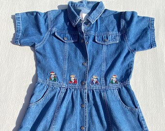 9/10 years VINTAGE 90s Jacadi denim dress with embroidery - short sleeved, in perfect condition