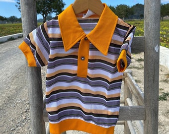 2/3 ans - polo vintage 70's rayé jaune, gris, blanc