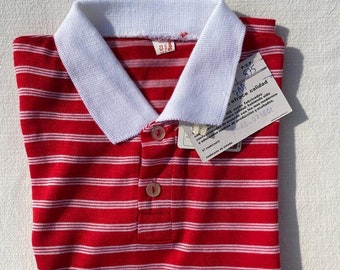 10/11 years - kids 70s vintage polo shirt, striped read and white fabric, very light soft summer knit, new with tags, retro cruise inspired