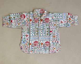 6/12 meses - Camisa bebé vintage años 80, estampado folk de flores de colores y tejido muy suave