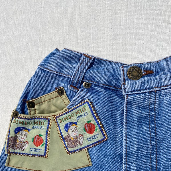 3 years VINTAGE 80s kids denim trousers, acid wash jeans with patches - elasticated waistband, high waist carrot cut