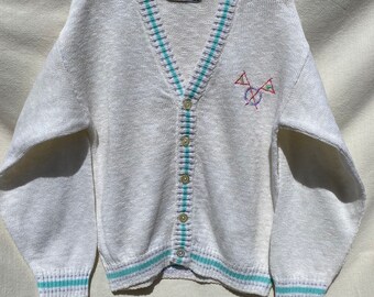 10/11 years old - Vintage 80s white knitted jacket with navy embroidery and wide neck line with celeste and lilac lines