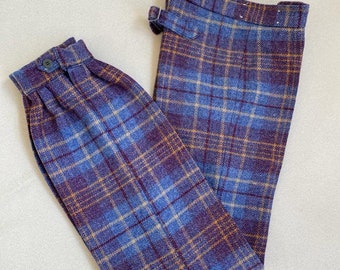 11/12 jaar VINTAGE jaren '70 kinderwollen tartan grijze en paarse broek in paardrijstijl met binnenvoering, kinderkerstcadeau, klassieke broek