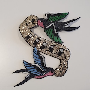Swallow Birds of Peace Sequin Sparkle Iron Sew on Large Patch Badge Motif Appliqué