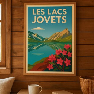 A4 retro poster Les Lacs Jovets – Alpine landscape illustration, mountain wall decoration, nature poster