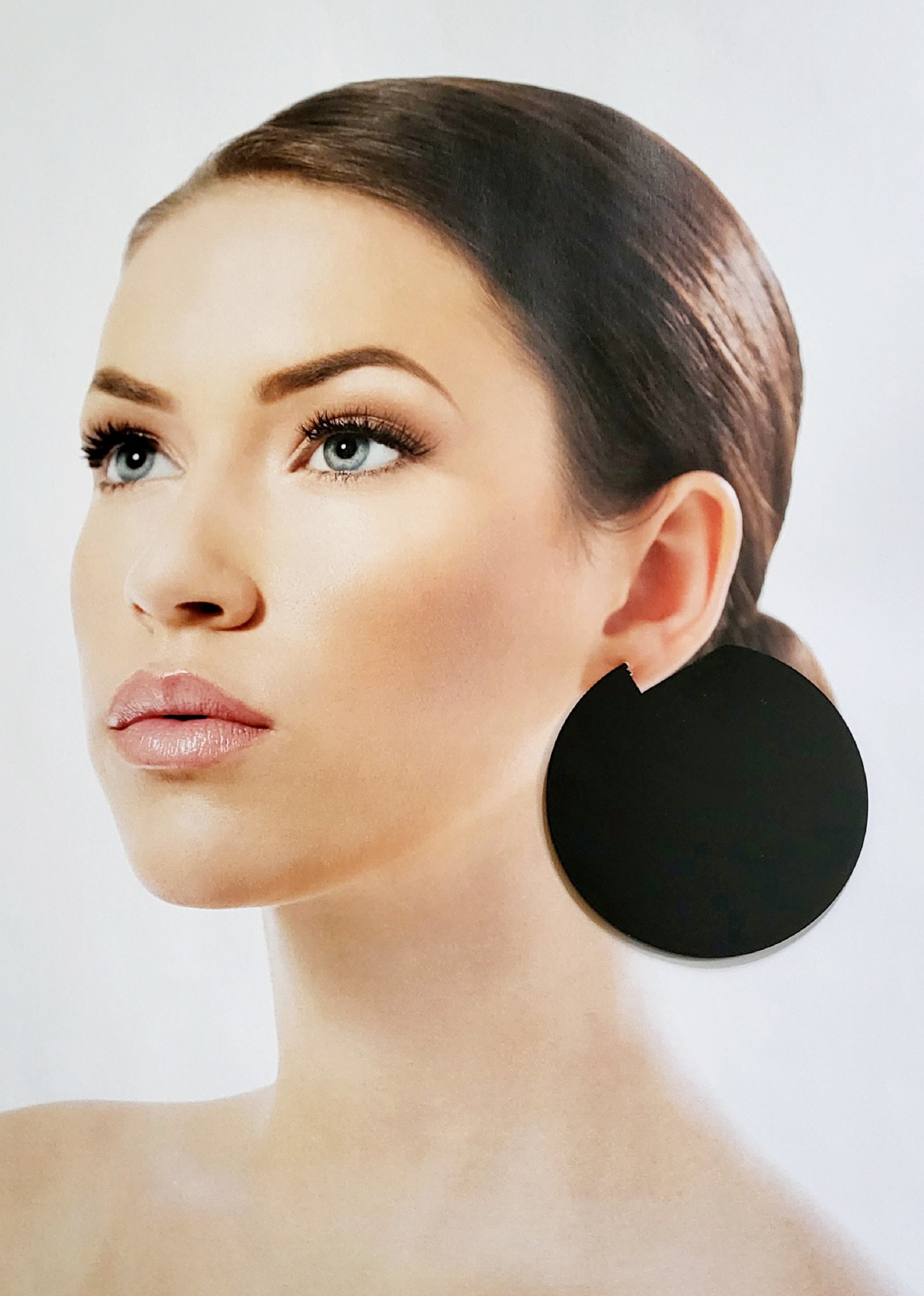 Black Large Flat Disk Hoop Earrings