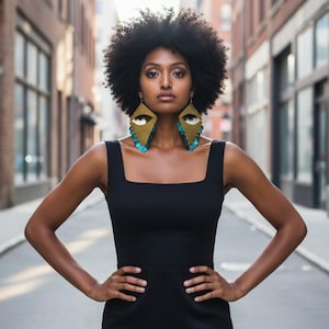 Big Gold Matt Triangle Hoop Earrings, Brass 6 inch Earrings with Turquoise Seashell Dangles