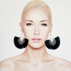 Ethnic Black Fan Hoop Earrings