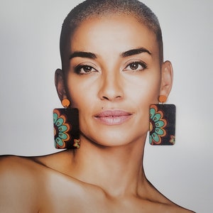 Aqua Ethnic Wooden Floral Dangle Earrings