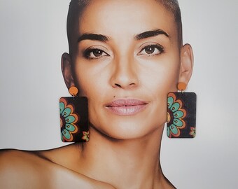 Aqua Ethnic Wooden Floral Dangle Earrings