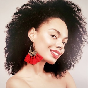 Bohemian Red Tassel Hoop Earrings