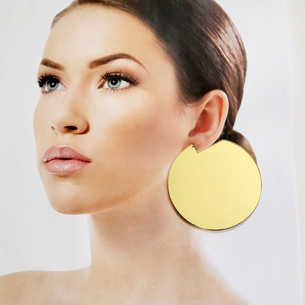 Gold Large Flat Disk Hoop Earrings