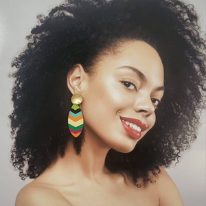 Neon Orange Stripe Wooden Dangle Earrings