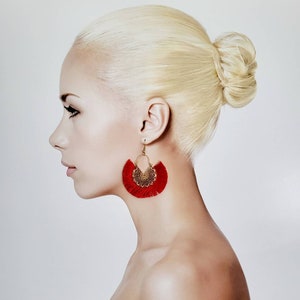 Red Ethnic Tassel Fan Hoop Earrings