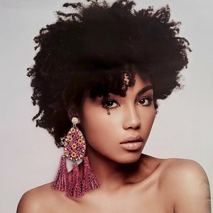 Pink Sunflower Fringe Long Earrings