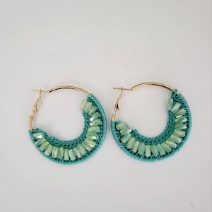 Green Woven Beaded Hoop  Earrings