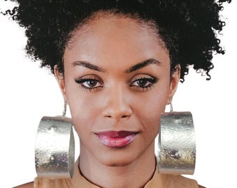 Handcrafted Hammered Silver Chunky Hoop Earrings: 4-Inch Wide