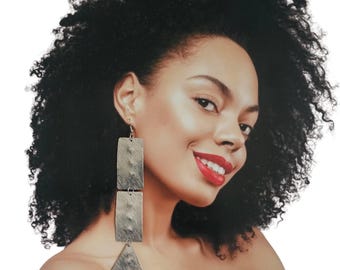 Handcrafted Long Dangle Silver Earrings: Hammered Studded Metal