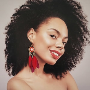 Red Bohemian Long Feather Earrings