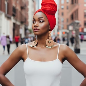 May include: A woman wearing a bright red turban and large, layered earrings. She is wearing a white tank top. The earrings have a circular design with a mix of textures and colors. The background is a city street.