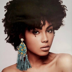 Turquoise Sunflower Fringe Long Earrings