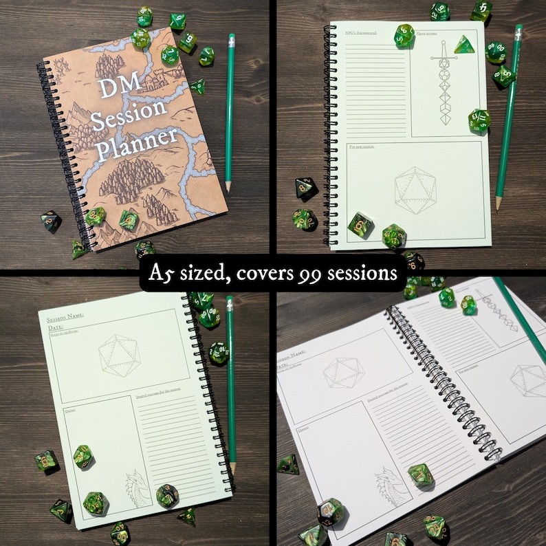 May include: A green and brown spiral bound notebook with a map design on the cover. The cover reads "DM Session Planner". The notebook is surrounded by green dice.
