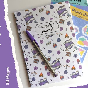 DnD 5e Campaign Journal: Purple Dice A5 Notebook with Character Sheets