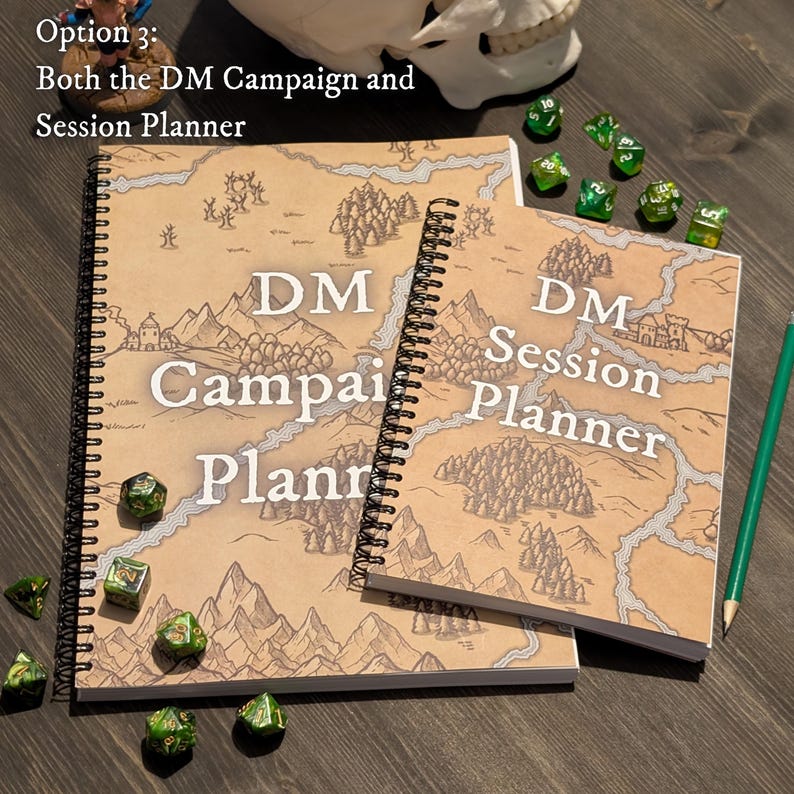 May include: Two spiral bound notebooks with brown paper covers and black spiral binding. The covers feature illustrations of fantasy landscapes and the text "DM Campaign Planner" and "DM Session Planner".