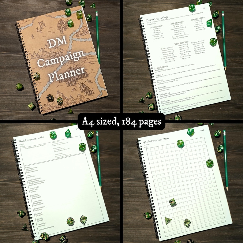 May include: A brown and white spiral bound notebook with the text "DM Campaign Planner" on the cover. The notebook is surrounded by green dice and pencils on a wooden surface. The notebook is A4 sized and has 184 pages.