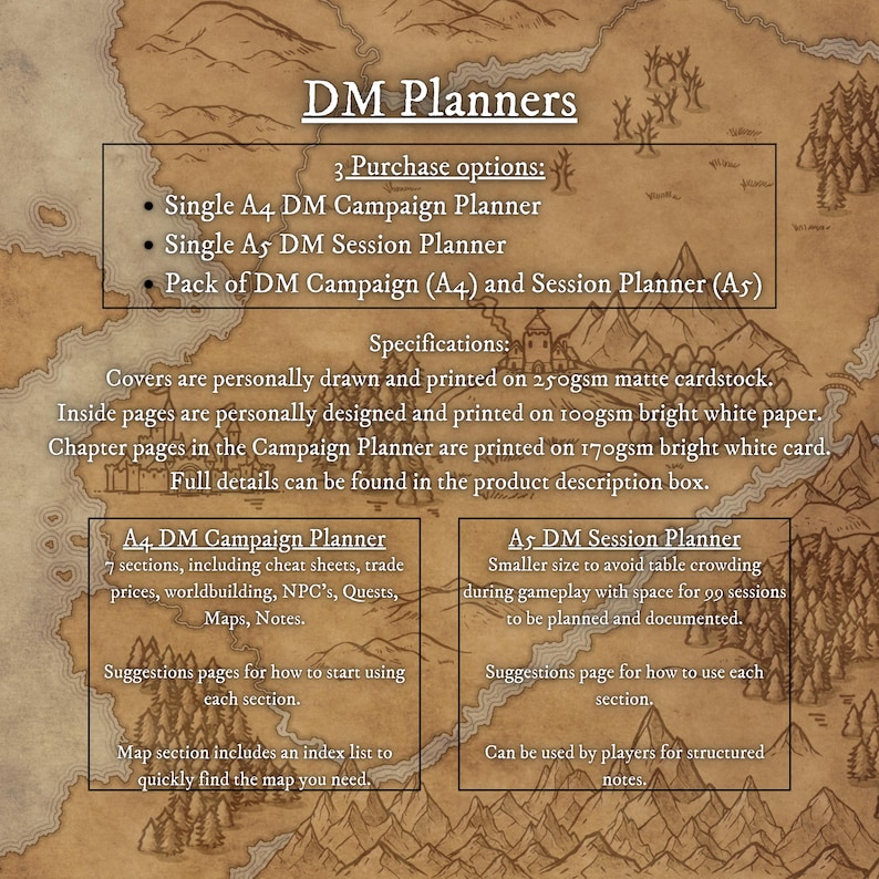 May include: A brown and beige map with text that reads "DM Planners". The text describes three purchase options: a single A4 DM Campaign Planner, a single A5 DM Session Planner, and a pack of both. The text also describes the specifications of the planners, including the paper and cardstock used. The image also includes two sections, one for the A4 DM Campaign Planner and one for the A5 DM Session Planner, describing the contents of each planner.