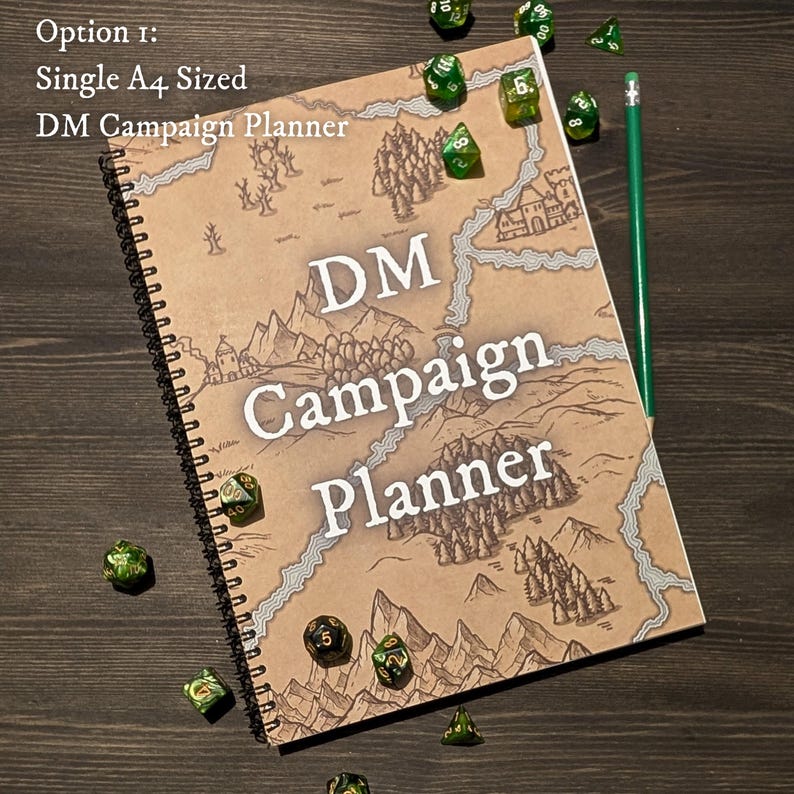 May include: A brown spiral bound notebook with a map design and the text "DM Campaign Planner". The notebook is surrounded by green dice.