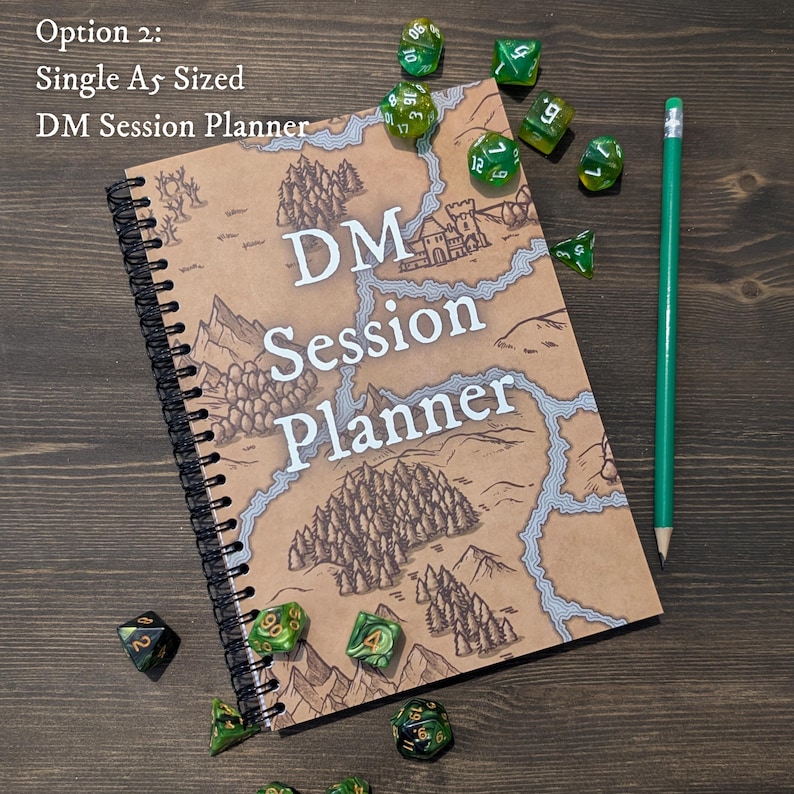 May include: A brown spiral bound notebook with a map design and the text "DM Session Planner". The notebook is surrounded by green dice with white numbers.