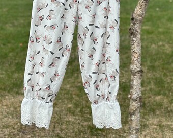 Women's Bloomers Prairie Core with Horse and Flowers Pajama Pants Knickers Pantaloons Cotton Handmade Fabric Embroidered Cotton Lace Ruffle