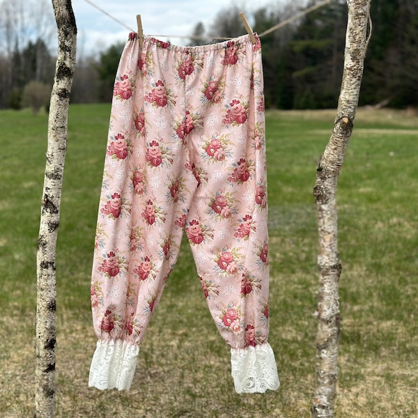 Women's Bloomers Prairie Core Pajama Pants Knickers Pantaloons Cotton Handmade Maywood Studios Fabric Nylon Bridal Lace Ruffle