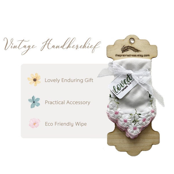 VINTAGE HANKY Gift CARD Cotton Embroidered Flower Handmade Bobbin Display