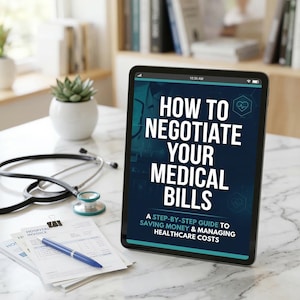 Peut inclure: Une tablette affiche le texte "HOW TO NEGOTIATE YOUR MEDICAL BILLS" avec le sous-titre "A STEP-BY-STEP GUIDE TO SAVING MONEY & MANAGING HEALTHCARE COSTS." Un stéthoscope, un stylo et des factures médicales sont sur une surface en marbre.