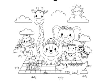 May include: Black and white line art illustration of a coloring book titled "Safari Friends Coloring Book." The cover features a giraffe, monkey, lion, elephant, hippo, zebra, and crocodile. The book is for ages 3-7 and has 42 fun pages.