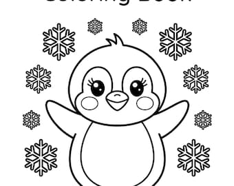 May include: Black and white coloring book cover featuring a cartoon penguin with snowflakes. The text reads "Arctic Friends Coloring Book" and "30 Fun Pages for Kids • Ages 3-7".