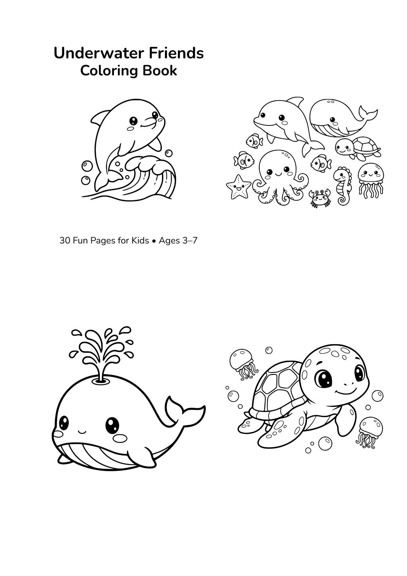 Underwater Friends Coloring Book: 30 Cute Sea Animals Pages • Kids ...