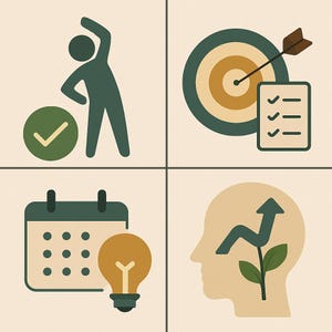 May include: Four green icons on a beige background. The first icon shows a green stick figure stretching with a green checkmark in a circle. The second icon shows a green target with a brown arrow and a checklist with three green checkmarks. The third icon shows a green calendar with a yellow lightbulb. The fourth icon shows a beige head with a green upward arrow and two green leaves.