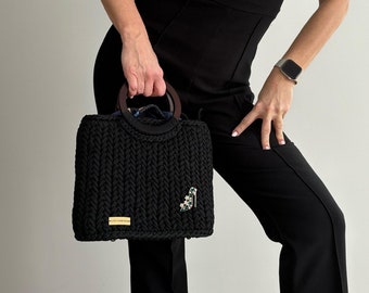 schwarze gehäkelte Luxus-Umhängetasche, gestrickte Tasche für Frauen, handgemachte Umhängetasche, Handtaschen für Frauen, Geschenke für sie, Boho-Tasche für Sum