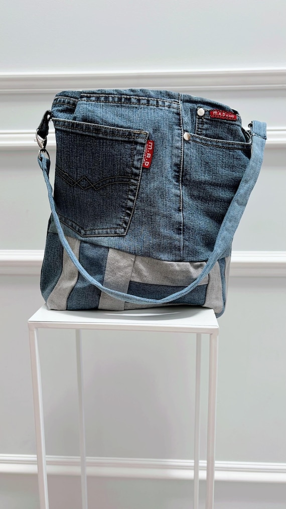 【DISCERNMENT】Patching denim shoulder bag Patched Denim Bag, Shoulder Bag, Jeans Tote - Etsy