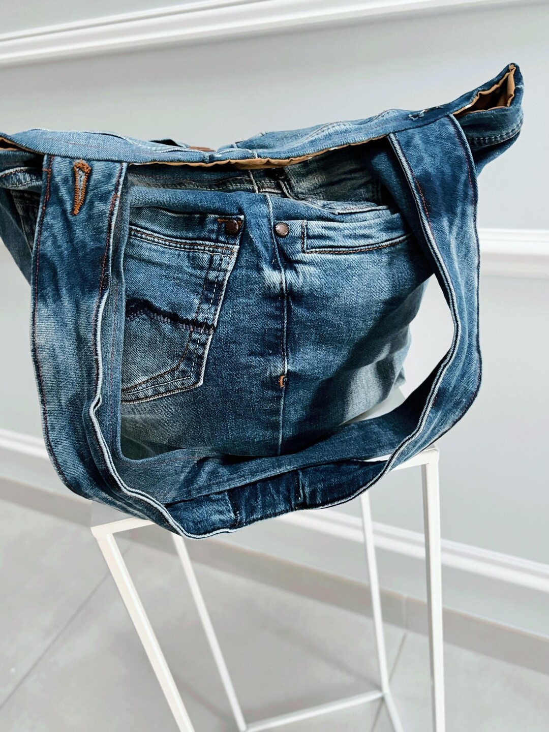 【DISCERNMENT】Patching denim shoulder bag Denim Shoulder Bag Cross Body Patched Denim Bag, Shoulder