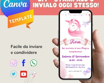 Invitación de cumpleaños de unicornio móvil digital editable / Invitación de cumpleaños de unicornio mágico Chica Canva imprimible Descargar / ITA